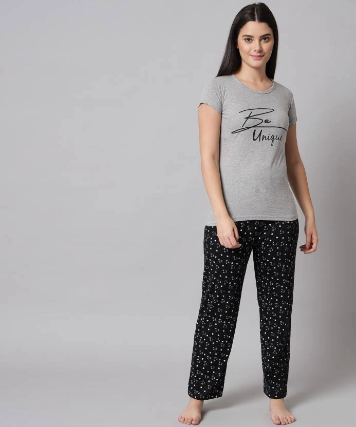 Anixa Women's Printed Cotton Nightsuit Grey Black 1
