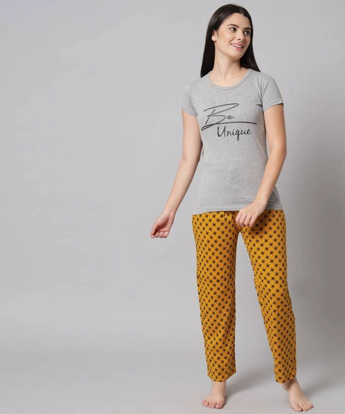 Anixa Women's Printed Cotton Nightsuit Grey Mustard 1