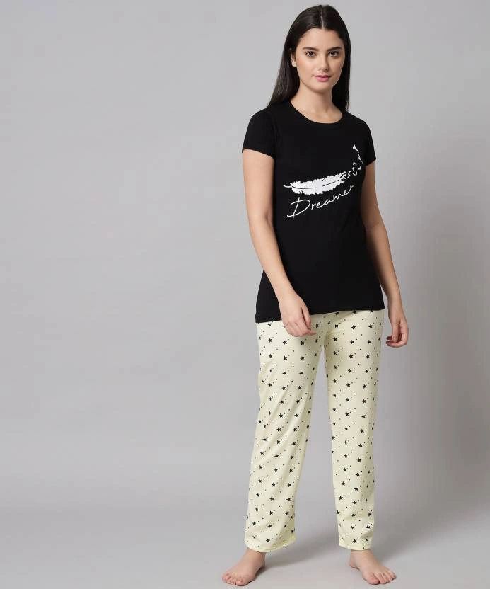 Anixa Women's Printed Cotton Nightsuit Black Yellow 1