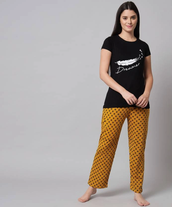 Anixa Women's Printed Cotton Nightsuit Black Mustard 2