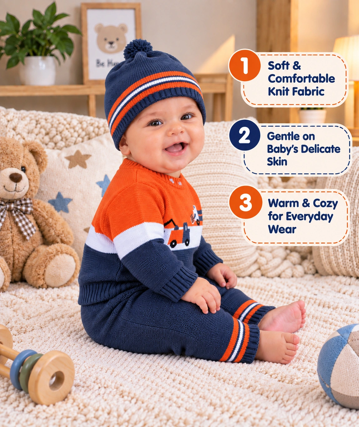 Anixa Kids 3 Piece Truck Design Knitted Sweater Set Orange -2