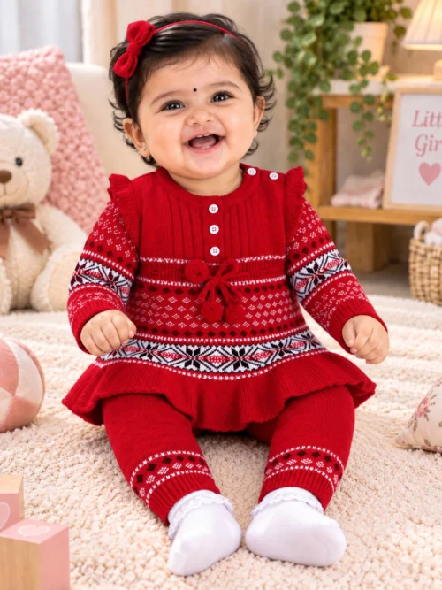 Anixa Girls 2 Piece Woolen Sweater Set Red -1