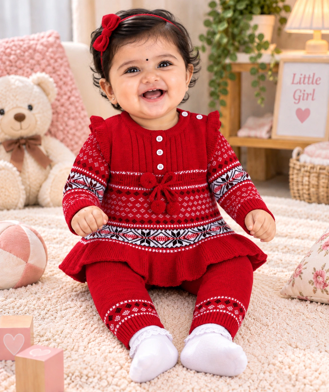 Anixa Girls 2 Piece Woolen Sweater Set Red -1