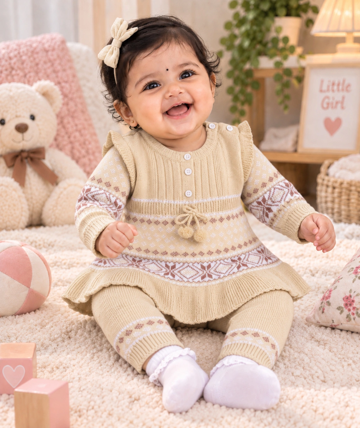Anixa Girls 2 Piece Woolen Sweater Set Cream -1