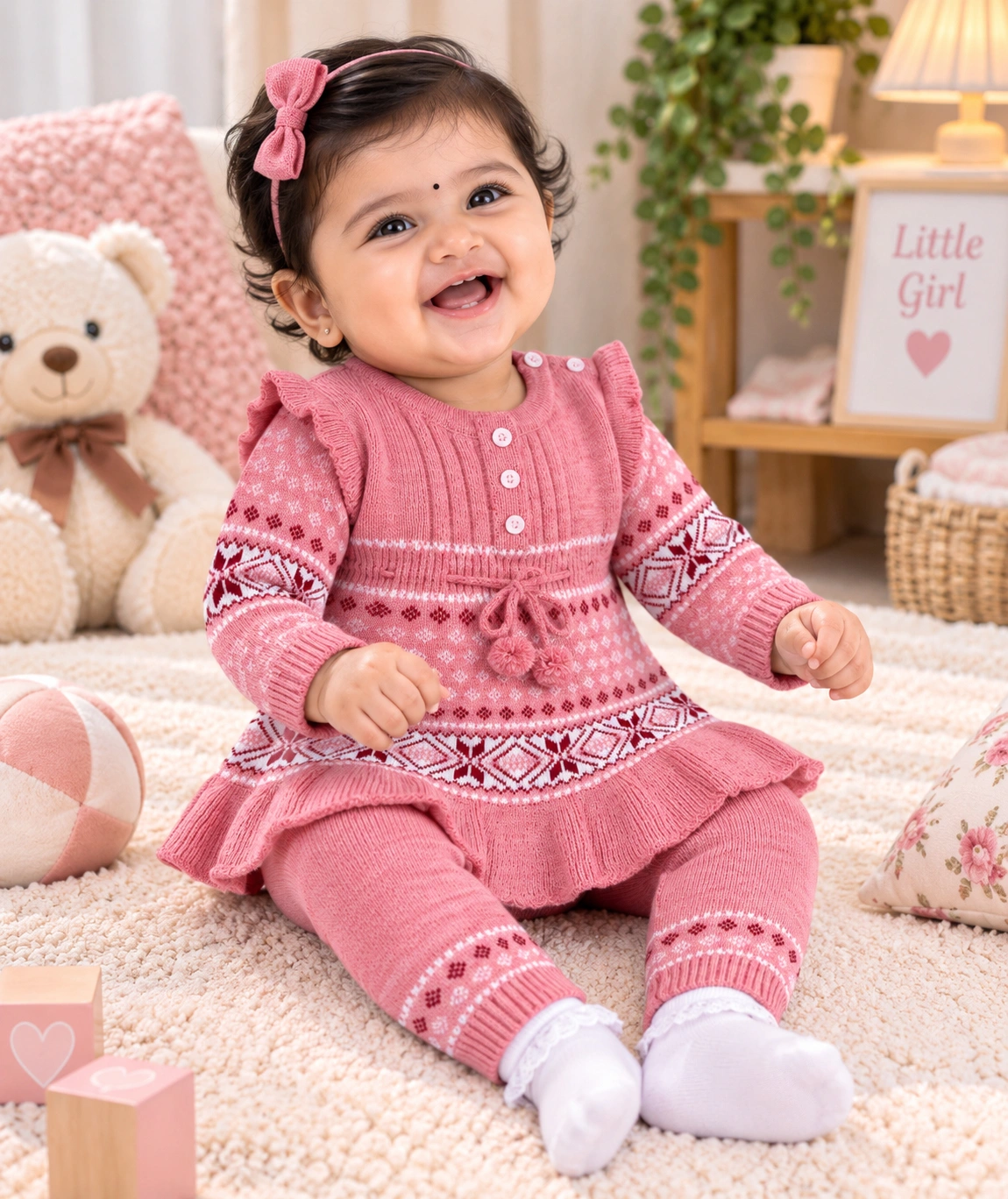 Anixa Girls 2 Piece Woolen Sweater Set Pink -1