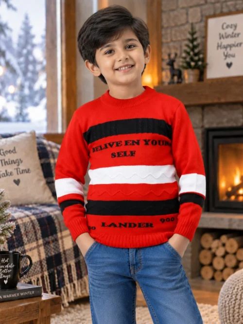 Anixa Kids Woolen Printed Sweater Red-1