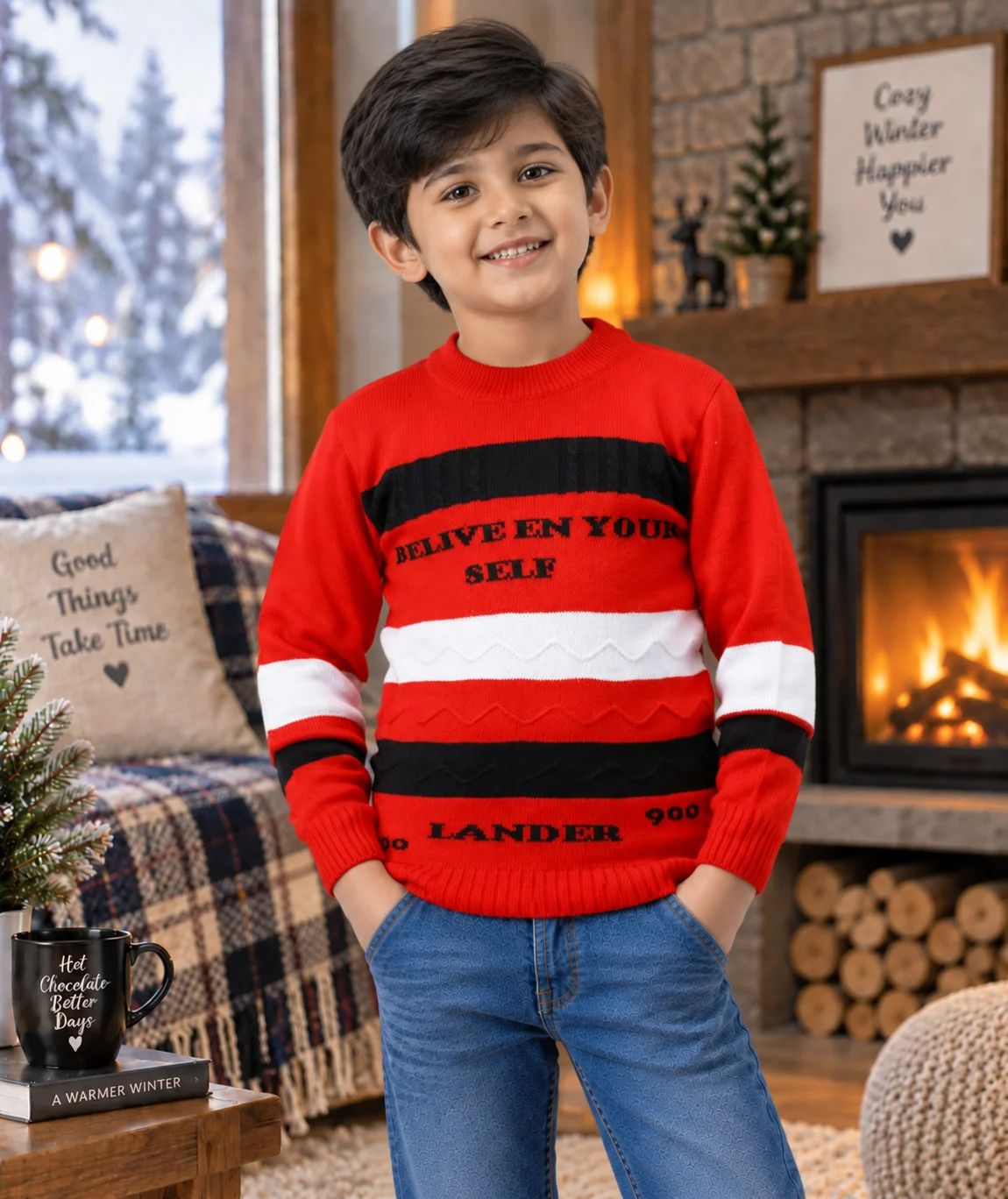 Anixa Kids Woolen Printed Sweater Red-1