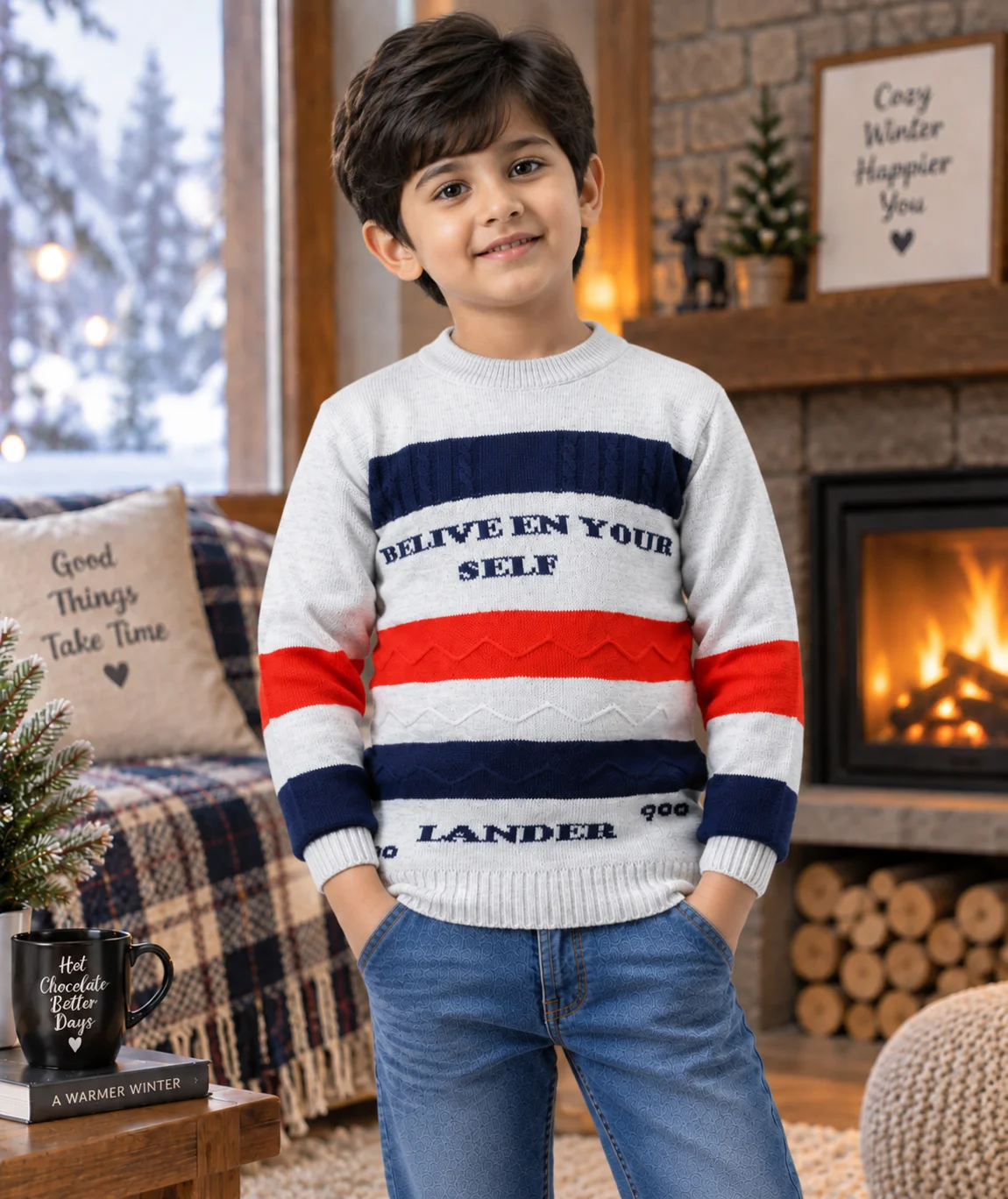 Anixa Kids Woolen Printed Sweater Grey-1