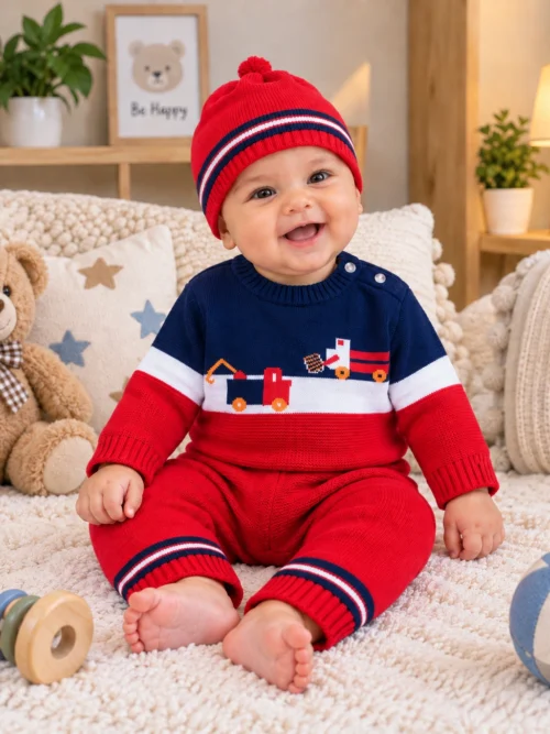 Anixa Kids 3 Piece Truck Design Knitted Sweater Set Navy -1