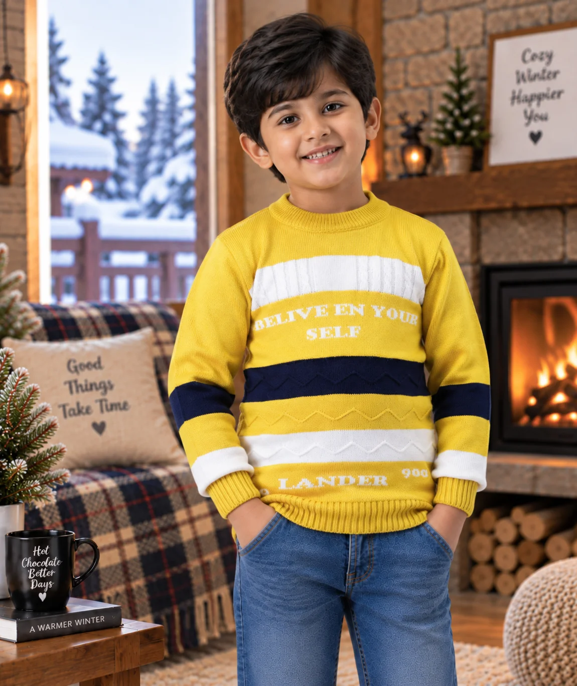 Anixa Kids Woolen Printed Sweater Yellow-1
