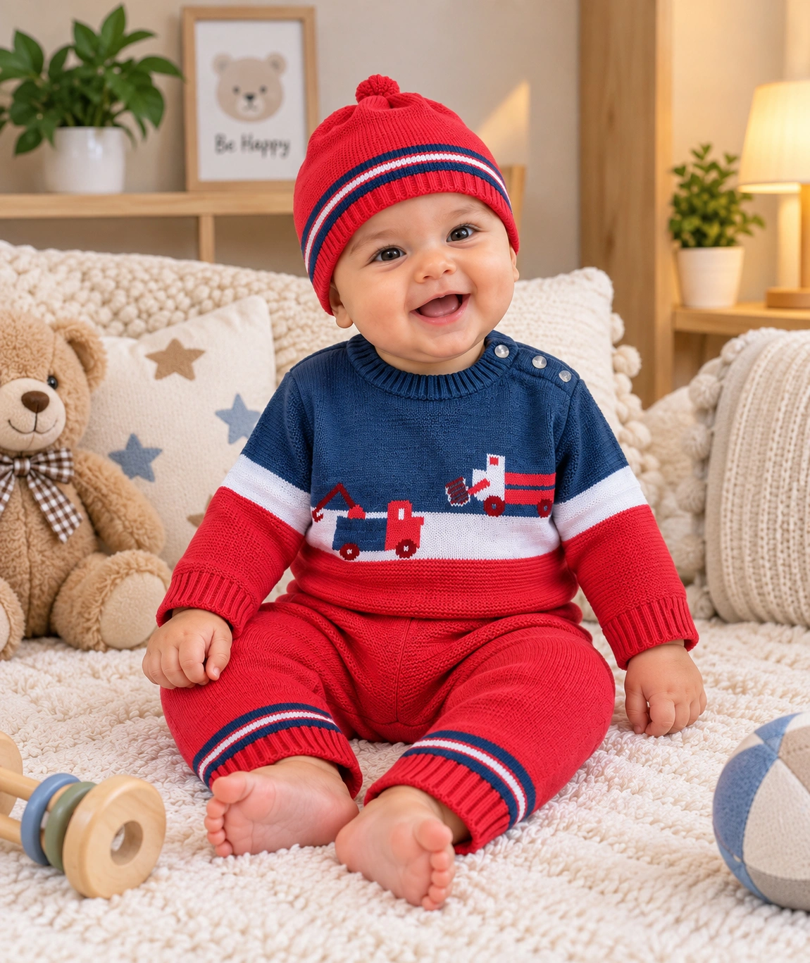 Anixa Kids 3 Piece Truck Design Knitted Sweater Set Blue -1