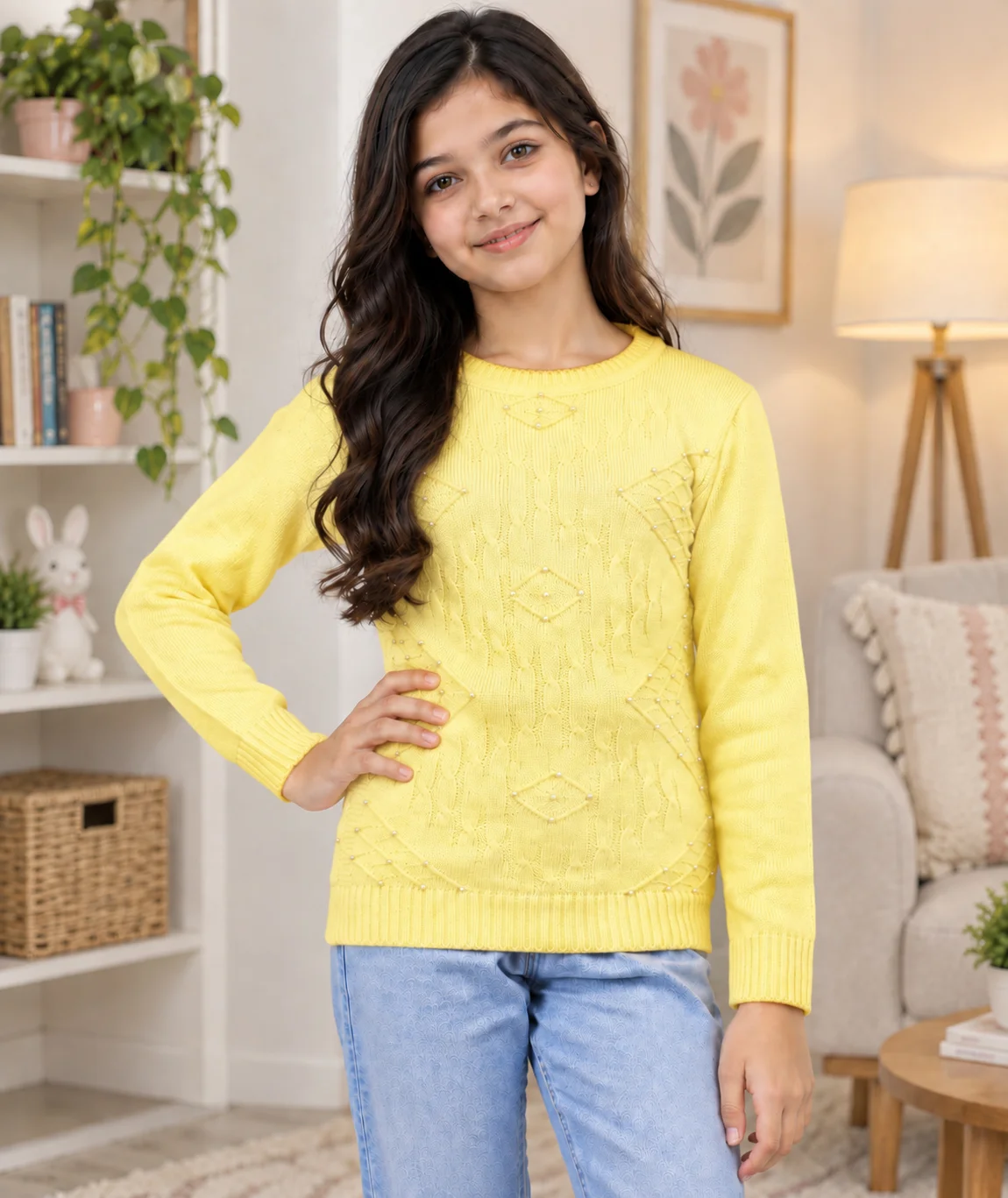 Anixa Girls Woolen Arrow Sweater Yellow-1
