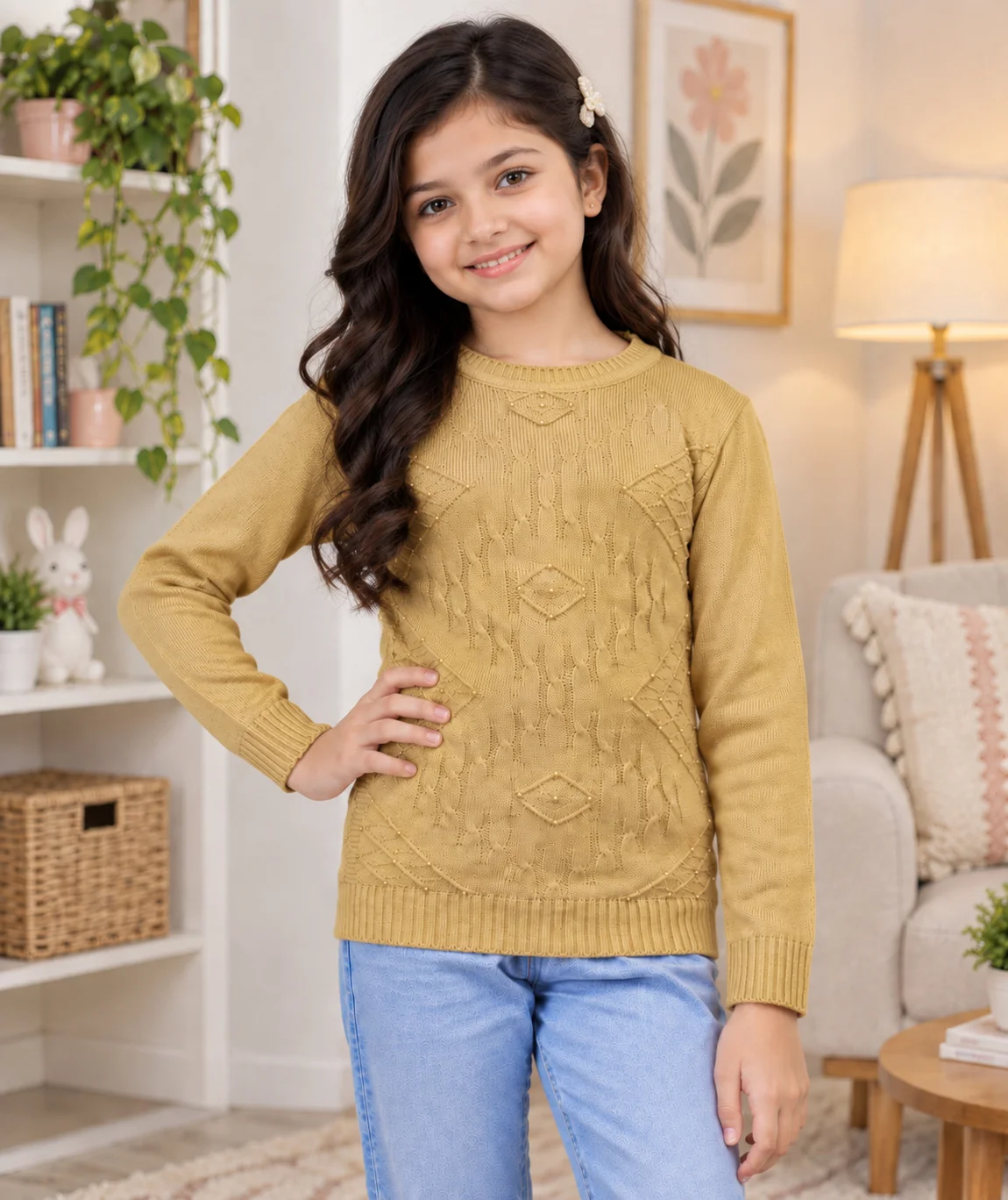 Anixa Girls Woolen Arrow Sweater Beige-1
