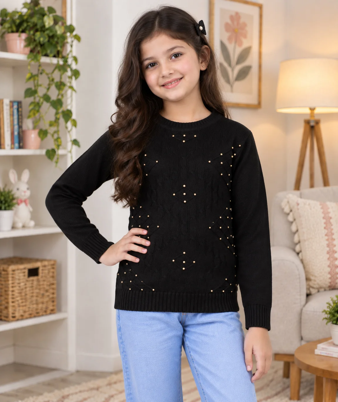 Anixa Girls Woolen Arrow Sweater Black-1