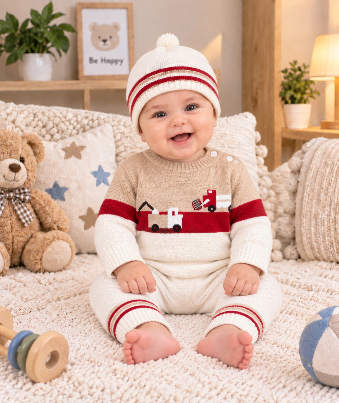 Anixa Kids 3 Piece Truck Design Knitted Sweater Set White -1