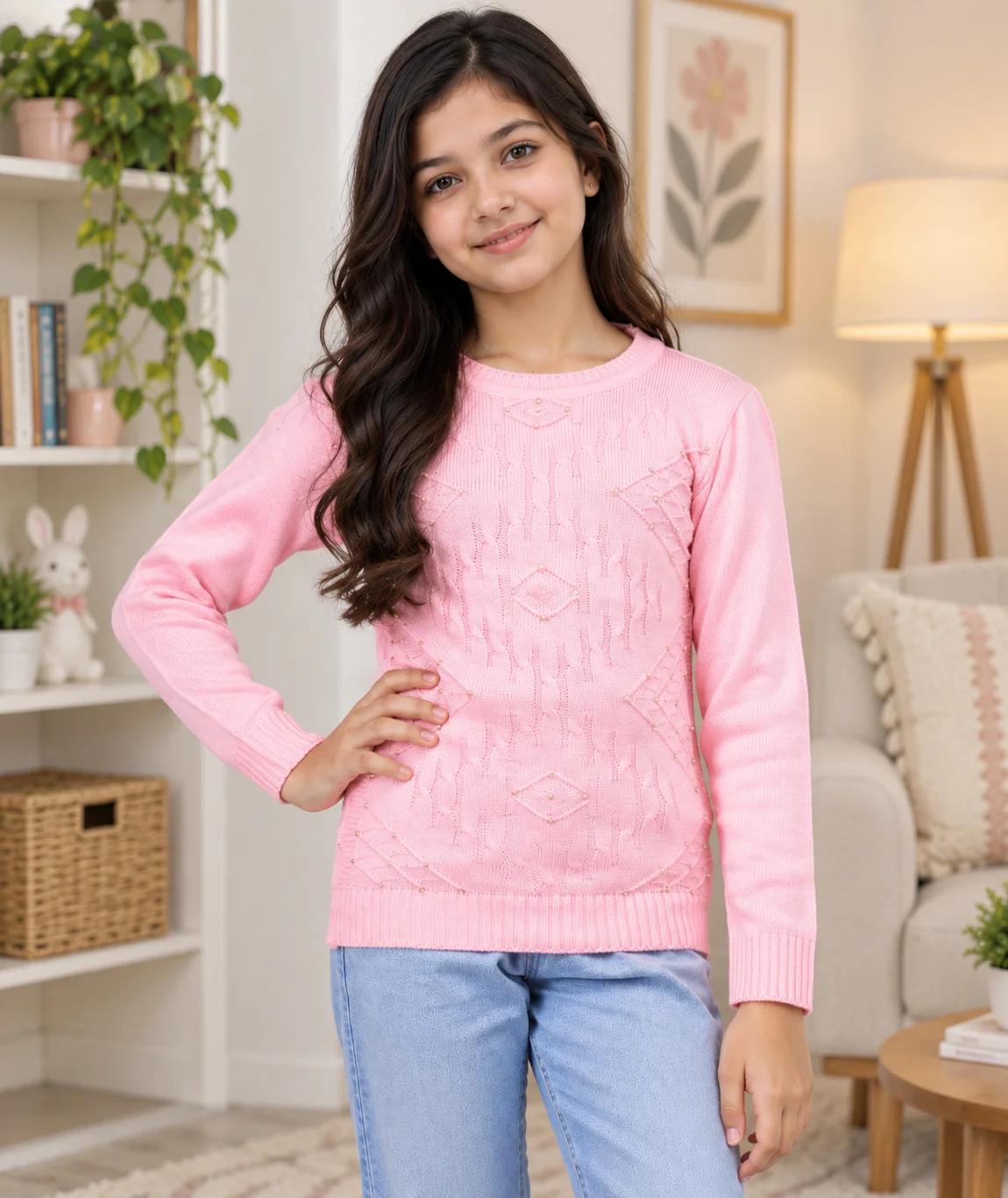 Anixa Girls Woolen Arrow Sweater Pink-1
