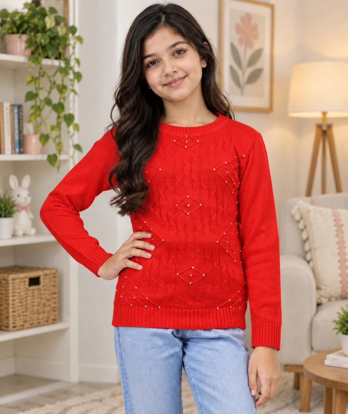 Anixa Girls Woolen Arrow Sweater Red-1