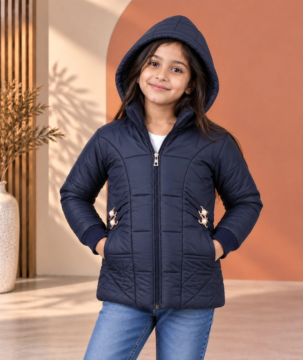 Anixa Girls Moti Quilted Winter Jacket Navy -1