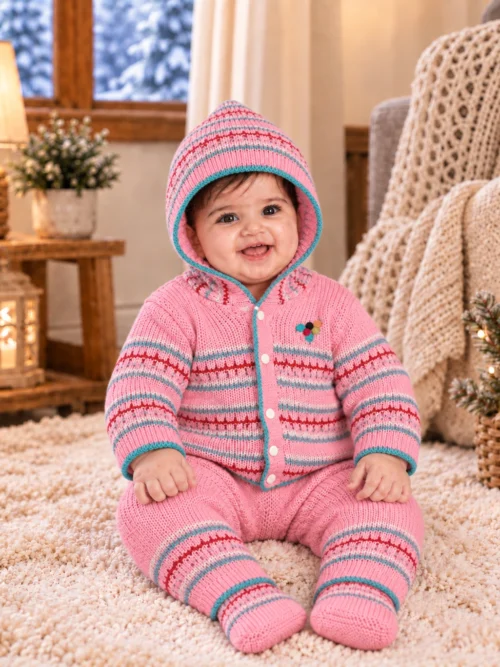 Anixa Kids 3 Piece Woolen Sweater Set - Pink 1