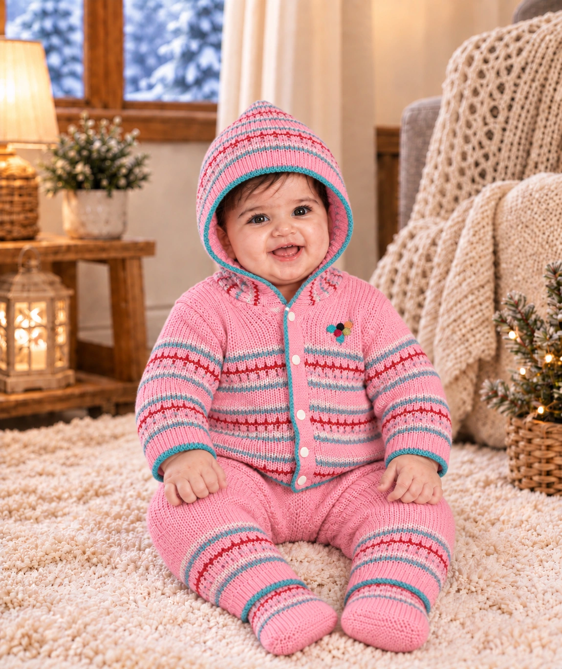 Anixa Kids 3 Piece Woolen Sweater Set - Pink 1