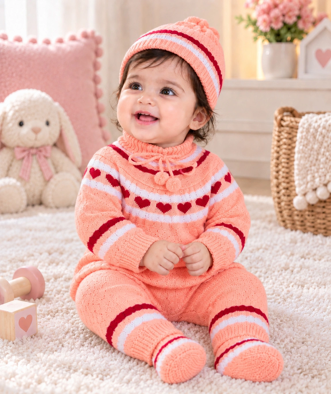 Anixa Kids 4 Piece Heart Printed Woolen Sweater Set- Peach 1