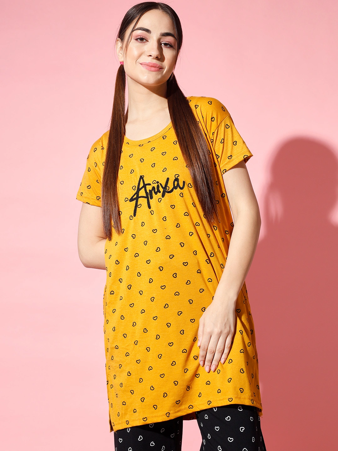 Anixa Women's Heart Printed T-Shirt Dress with Round Neck mustard -1