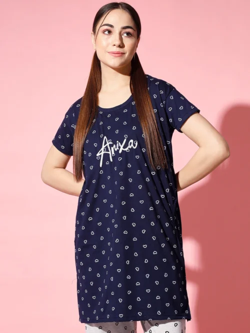 Anixa Women's Heart Printed T-Shirt Dress with Round Neck Navy -1