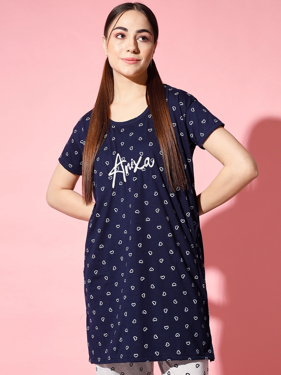 Anixa Women's Heart Printed T-Shirt Dress with Round Neck Navy -1