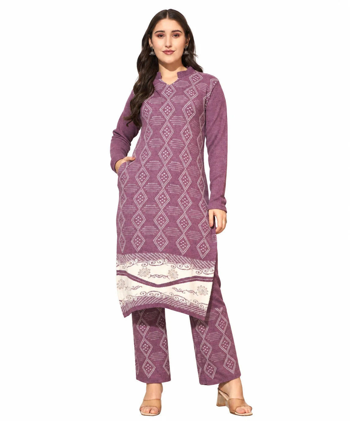 Anixa Women's Winter Woolen Box Printed Suit Purple-1