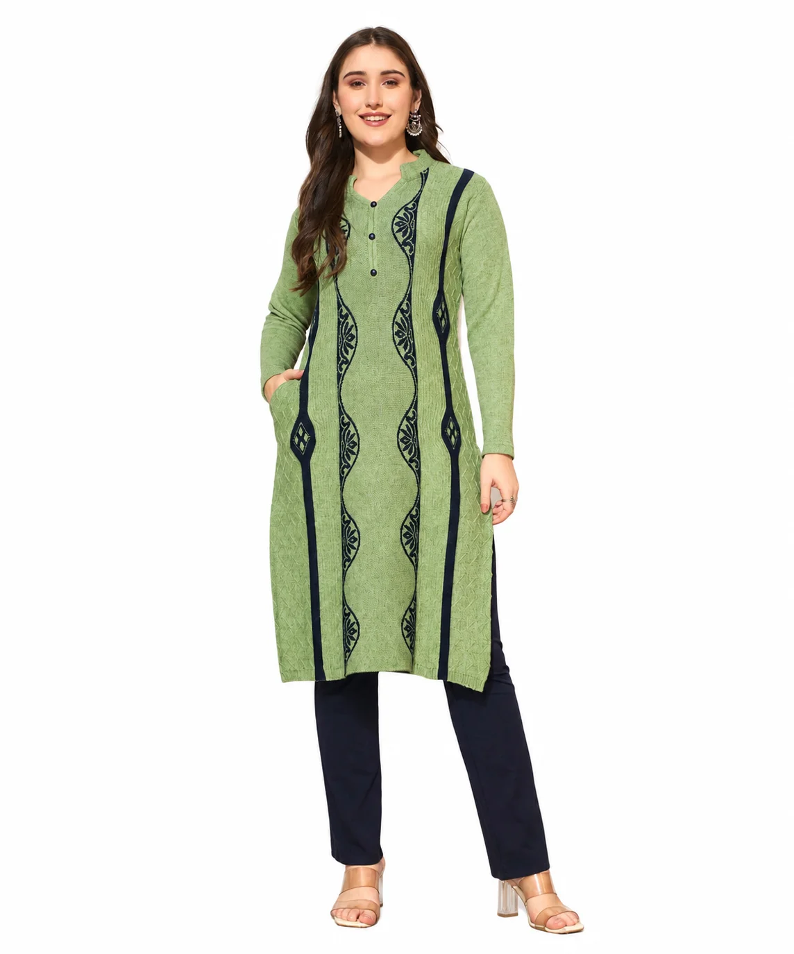 Anixa Women's Winter Woolen Button Kurti Light Green-1