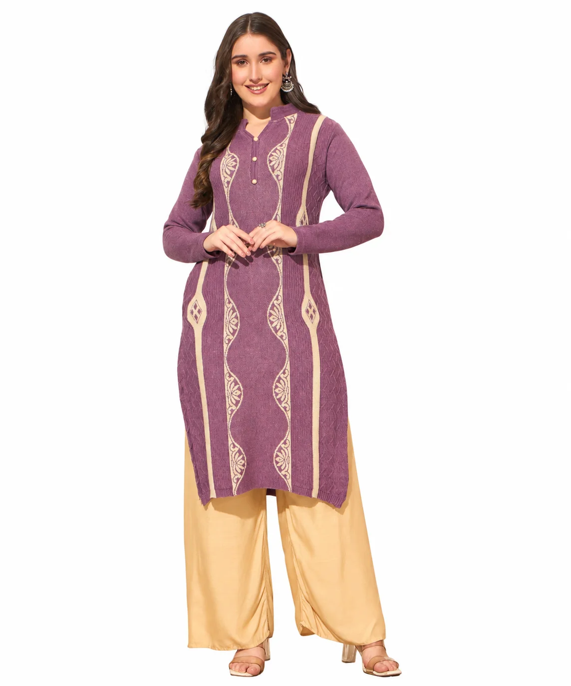 Anixa Women's Winter Woolen Button Kurti Purpel-1
