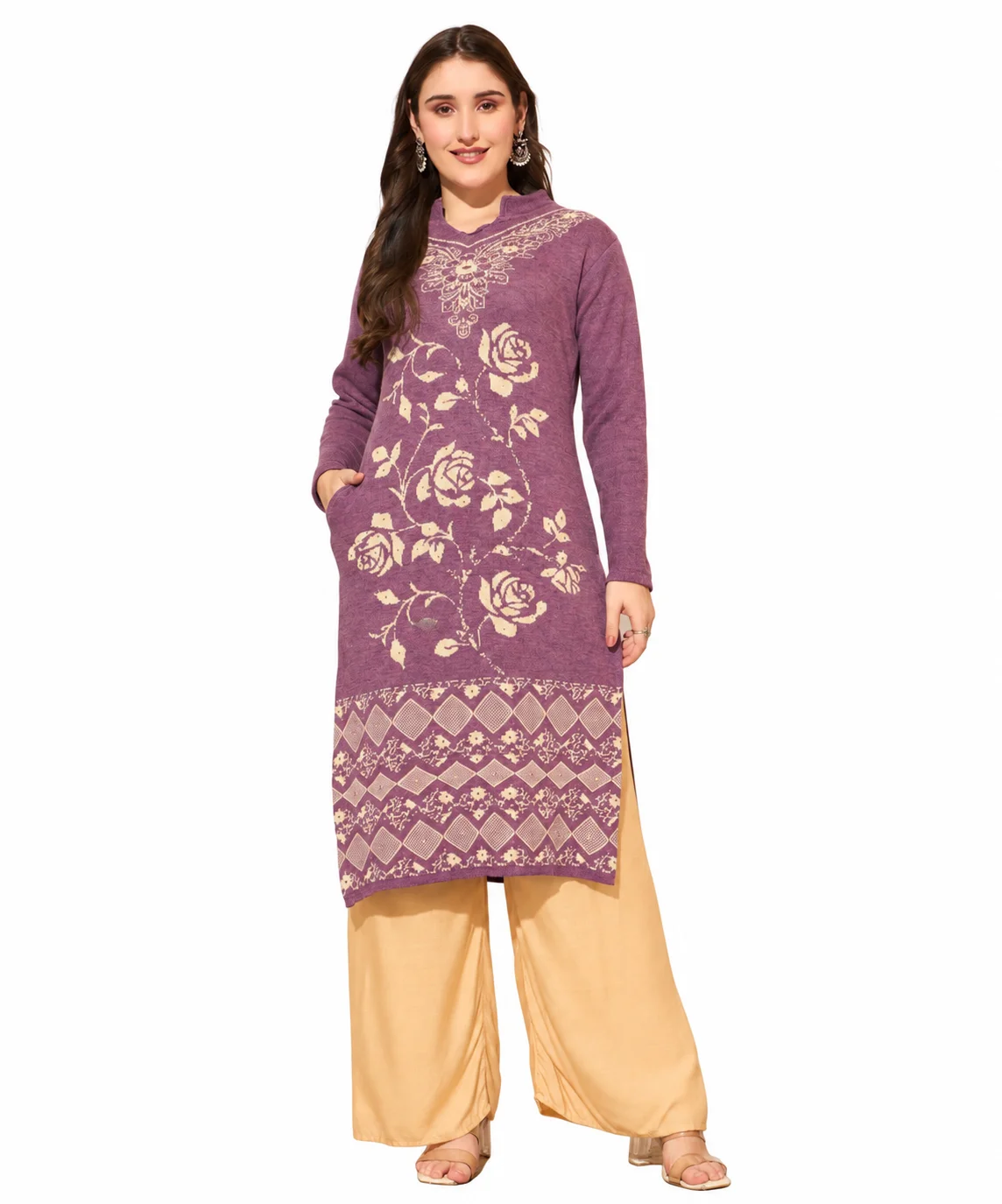Anixa Women's Woolen Flower Printed Winter Kurti Purple-1