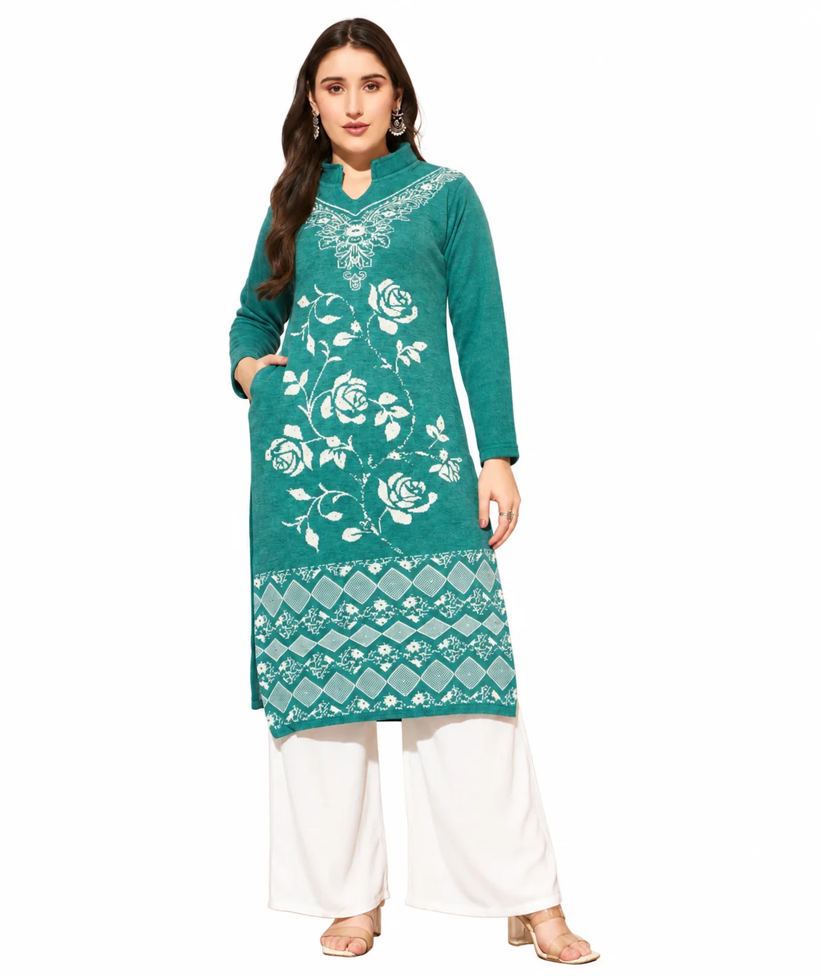 Anixa Women's Woolen Flower Printed Winter Kurti Sky-1
