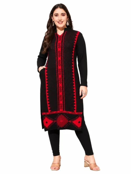 Anixa Women's Winter Woolen Line Pattern Kurti Black-1