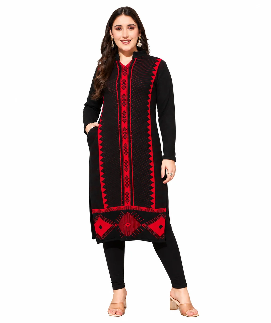 Anixa Women's Winter Woolen Line Pattern Kurti Black-1 Anixa Women's Winter Woolen Line Pattern Kurti Black-1