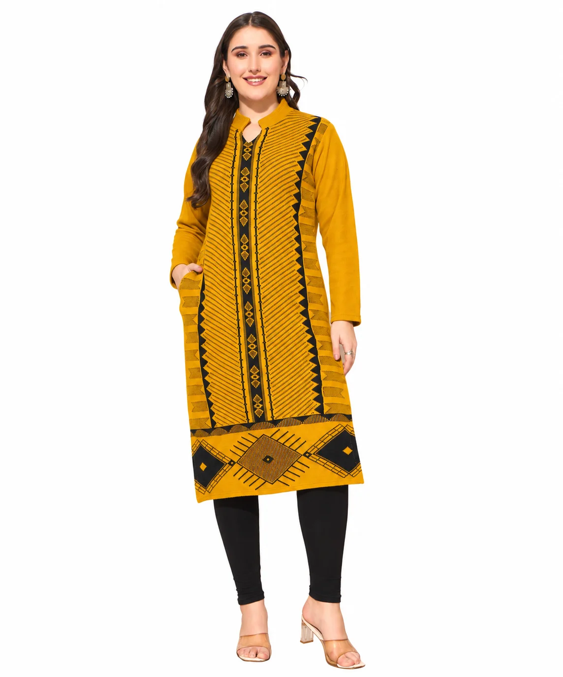 Anixa Women's Winter Woolen Line Pattern Kurti Mustard-1