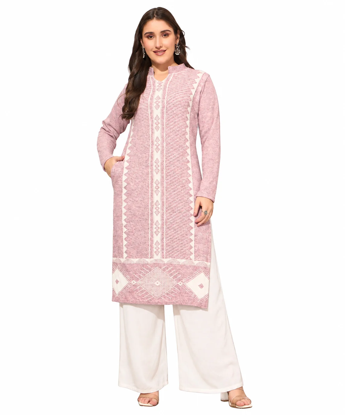 Anixa Women's Winter Woolen Line Pattern Kurti Light Pink-1