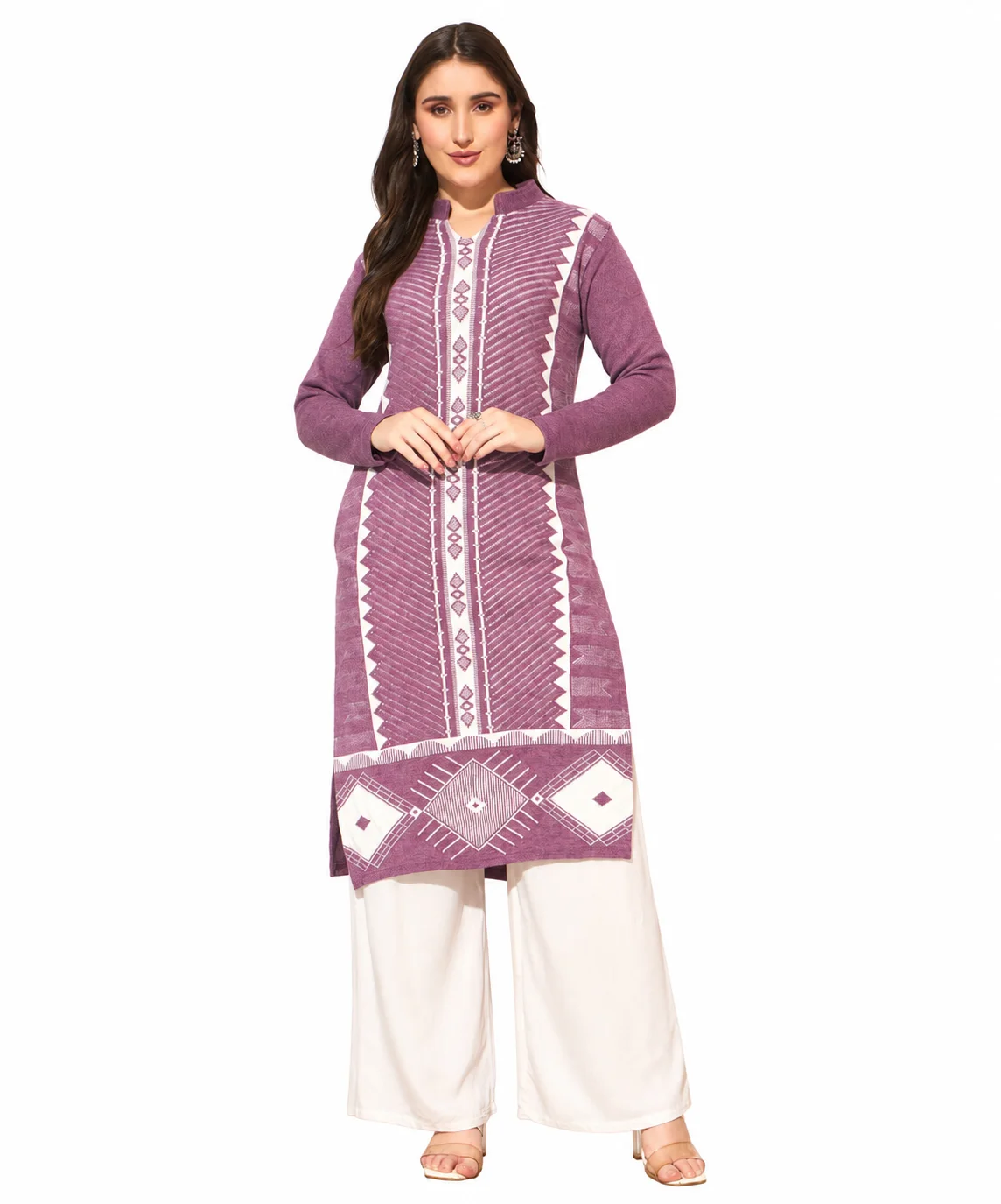 Anixa Women's Winter Woolen Line Pattern Kurti Purple-1