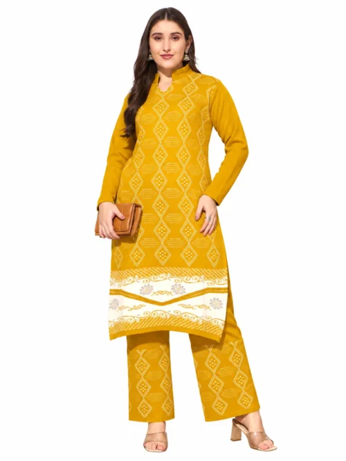 Anixa Women's Winter Woolen Box Printed Suit Mustard-1