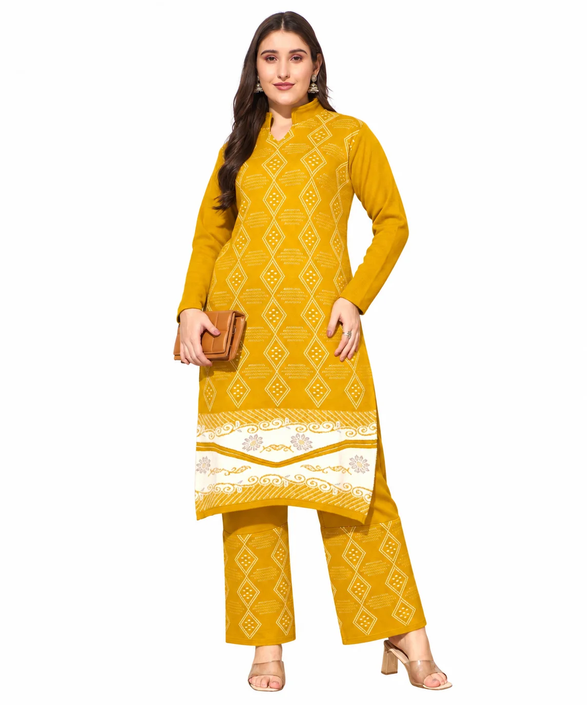 Anixa Women's Winter Woolen Box Printed Suit Mustard-1