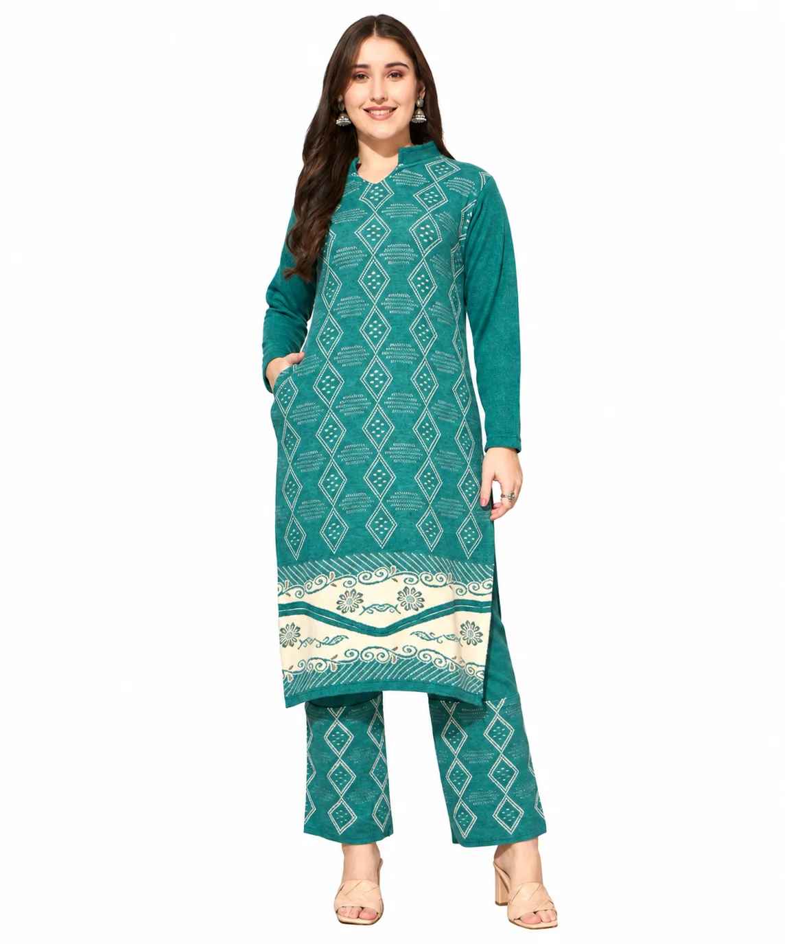 Anixa Women's Winter Woolen Box Printed Suit Green-1