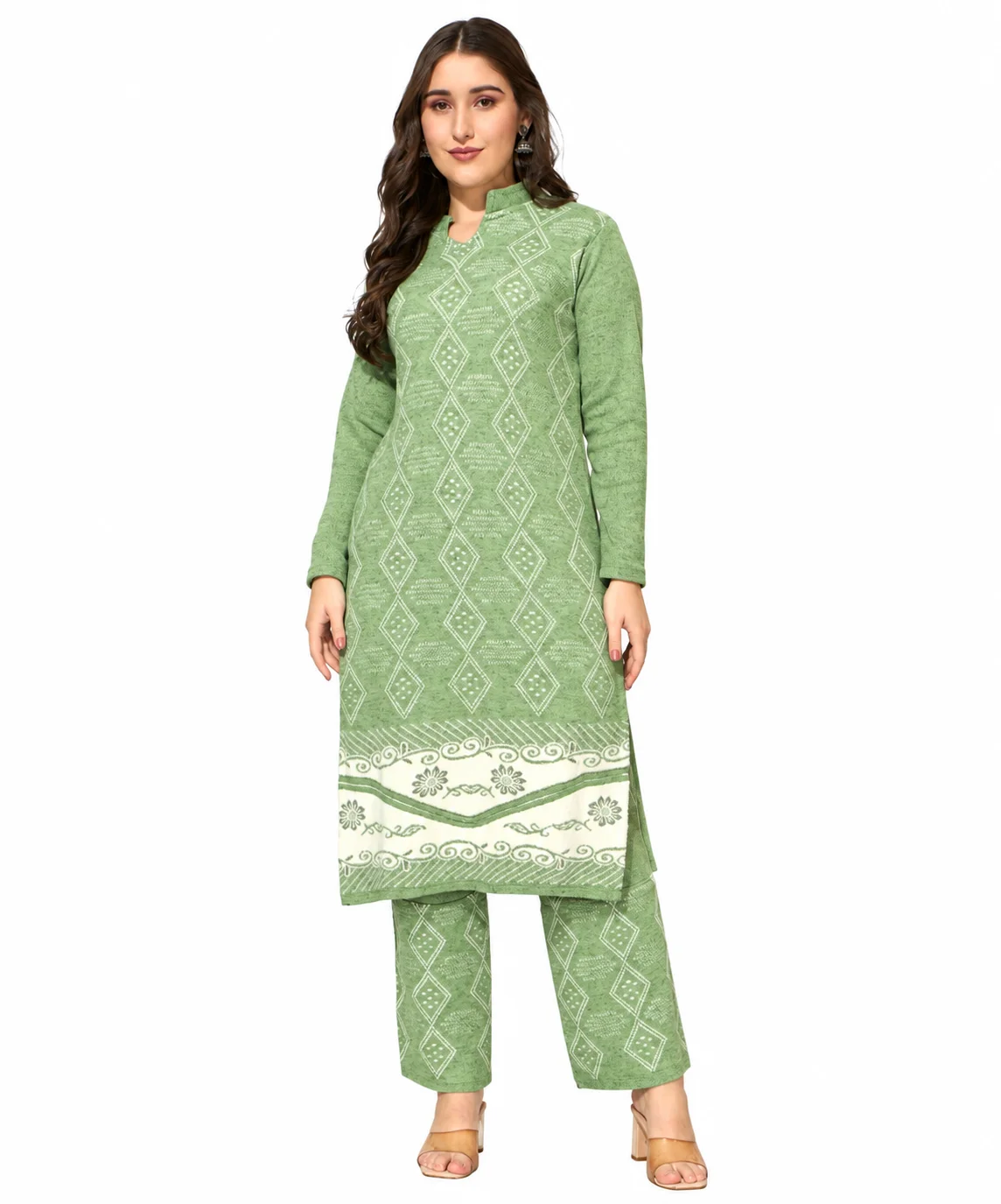 Anixa Women's Winter Woolen Box Printed Suit Light Green-1