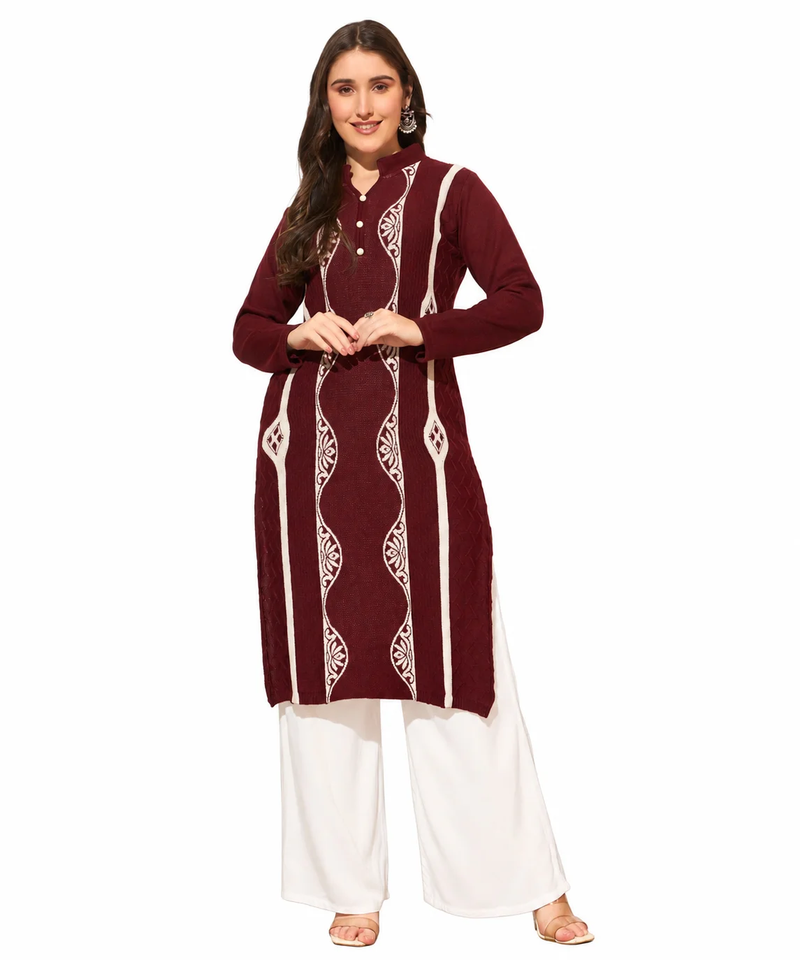 Anixa Women's Winter Woolen Button Kurti Maroon-1