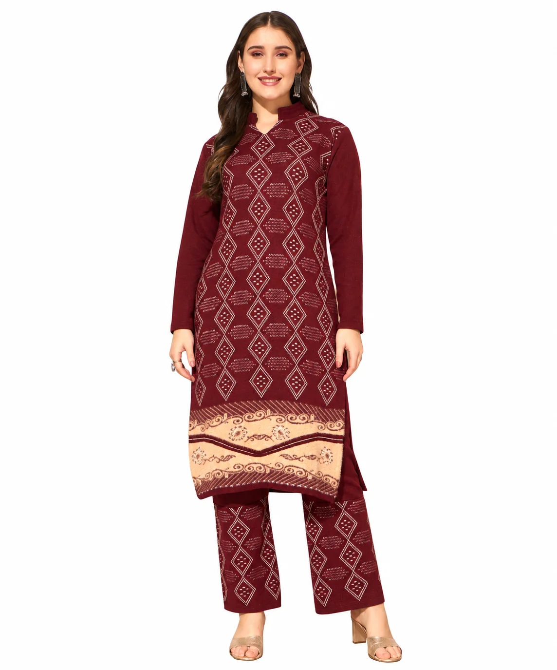 Anixa Women's Winter Woolen Box Printed Suit maroon-1