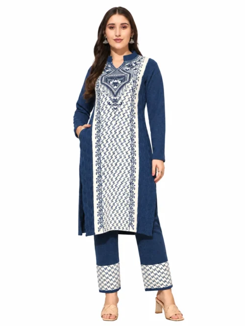 Anixa Women's Winter Woolen Diamond Printed Suit Blue-1