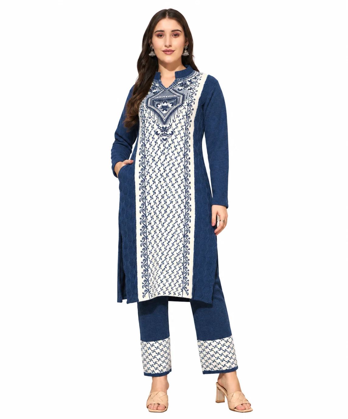 Anixa Women's Winter Woolen Diamond Printed Suit Blue-1 Anixa Women's Winter Woolen Diamond Printed Suit Blue-1