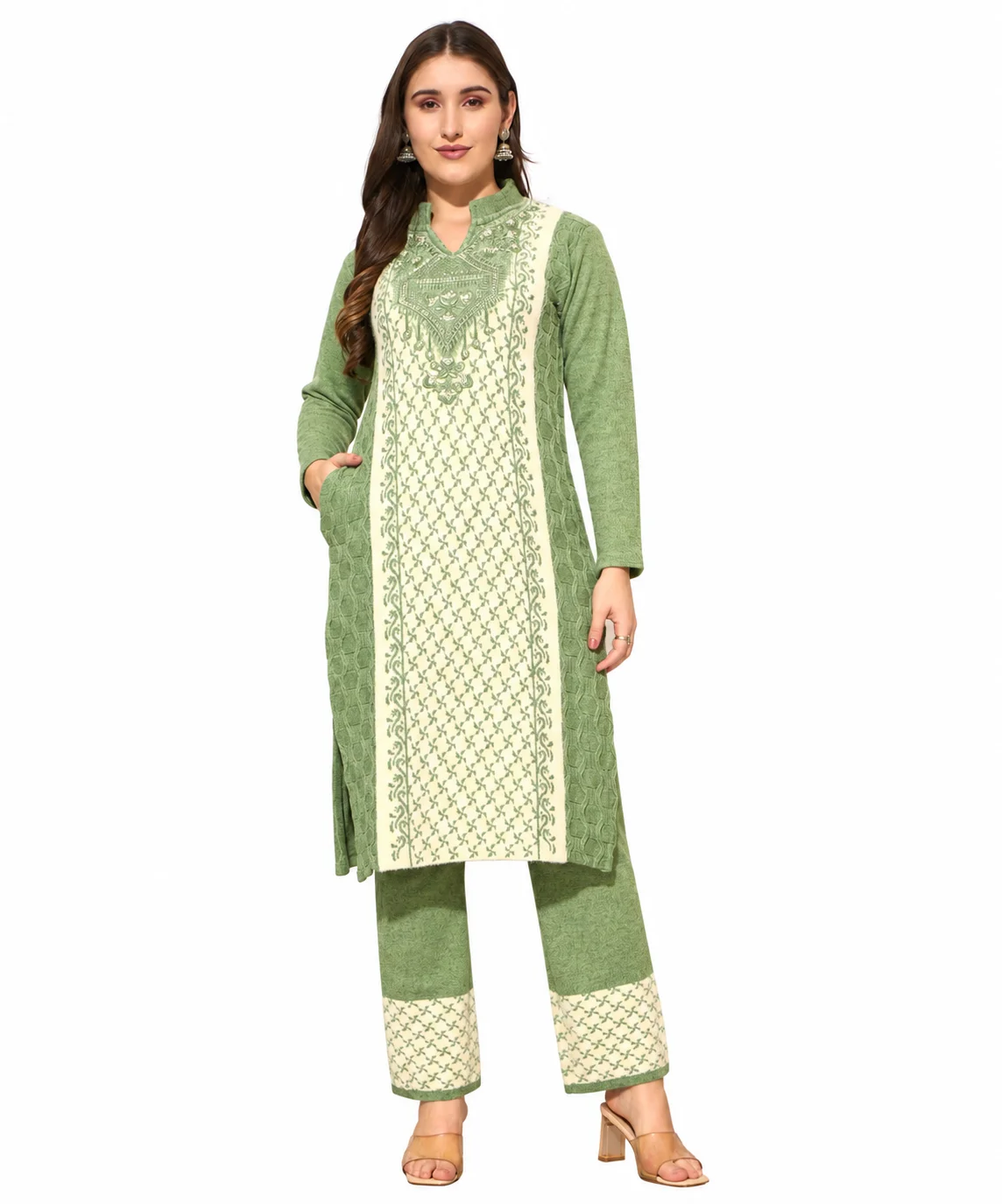 Anixa Women's Winter Woolen Diamond Printed Suit Light Green-1