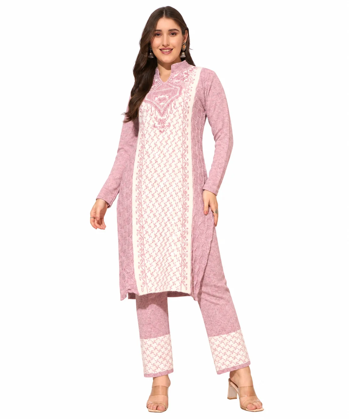 Anixa Women's Winter Woolen Diamond Printed Suit Light Pink-1