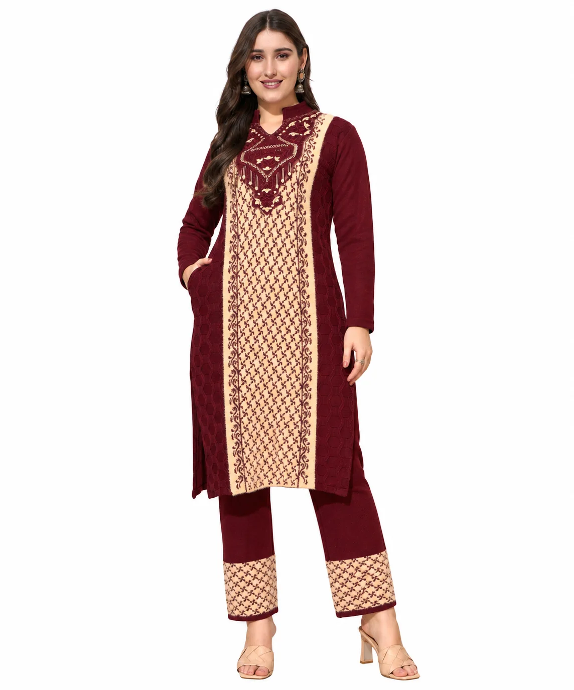 Anixa Women's Winter Woolen Diamond Printed Suit Maroon-1