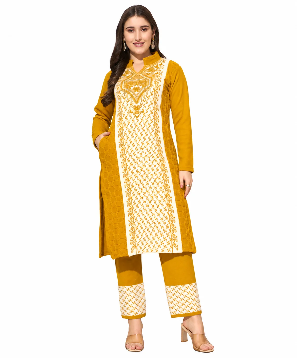 Anixa Women's Winter Woolen Diamond Printed Suit Mustard-1